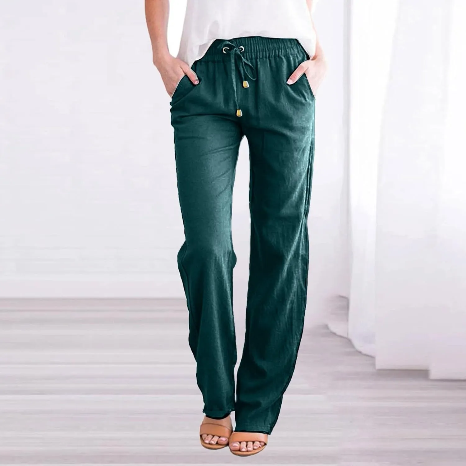 Womens Casual Cotton Linen Pants Lightweight Summer Relax Fit Elastic Waist Plus Size Solid Lounge Long Trousers