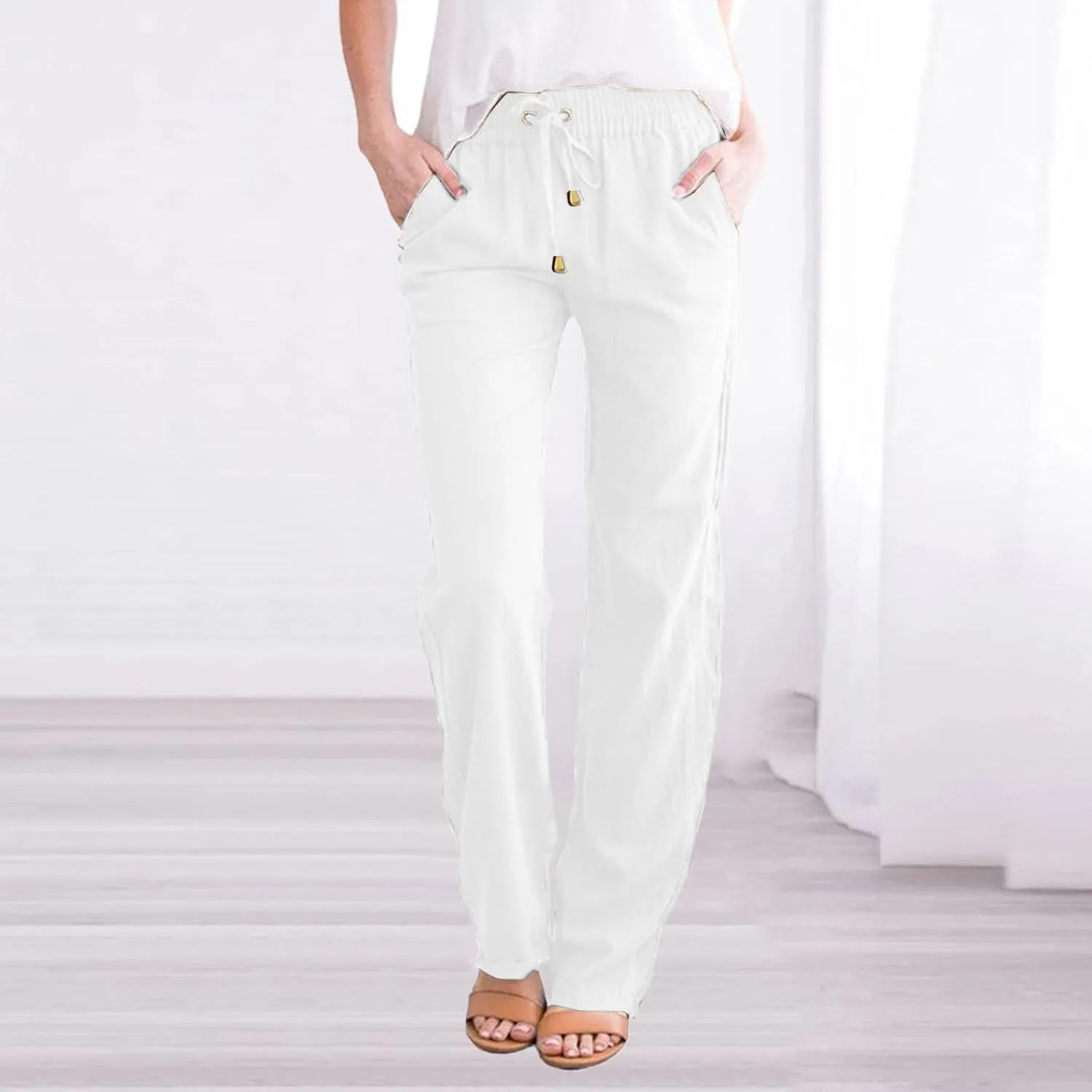 Womens Casual Cotton Linen Pants Lightweight Summer Relax Fit Elastic Waist Plus Size Solid Lounge Long Trousers