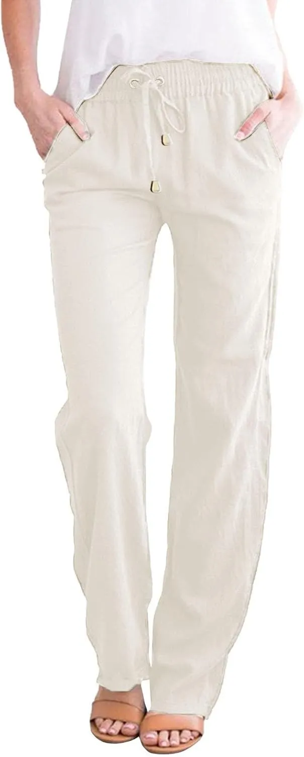 Womens Casual Cotton Linen Pants Lightweight Summer Relax Fit Elastic Waist Plus Size Solid Lounge Long Trousers
