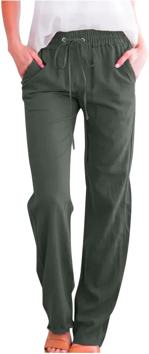 Womens Casual Cotton Linen Pants Lightweight Summer Relax Fit Elastic Waist Plus Size Solid Lounge Long Trousers