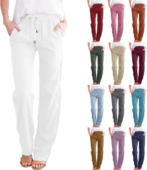 Womens Casual Cotton Linen Pants Lightweight Summer Relax Fit Elastic Waist Plus Size Solid Lounge Long Trousers