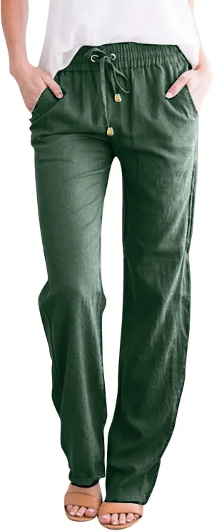 Womens Casual Cotton Linen Pants Lightweight Summer Relax Fit Elastic Waist Plus Size Solid Lounge Long Trousers
