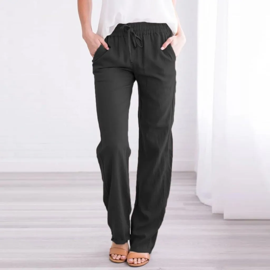 Womens Casual Cotton Linen Pants Lightweight Summer Relax Fit Elastic Waist Plus Size Solid Lounge Long Trousers