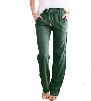 Womens Casual Cotton Linen Pants Lightweight Summer Relax Fit Elastic Waist Plus Size Solid Lounge Long Trousers