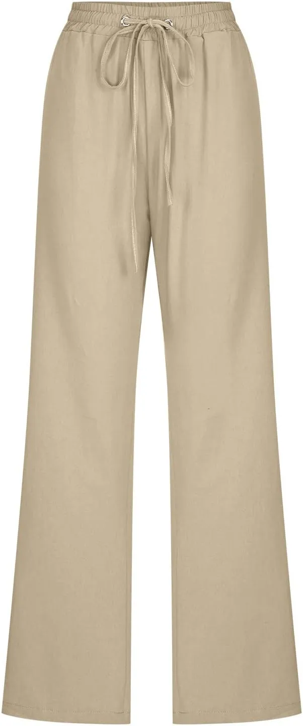 Womens Casual Cotton Linen Pants Lightweight Summer Relax Fit Elastic Waist Plus Size Solid Lounge Long Trousers