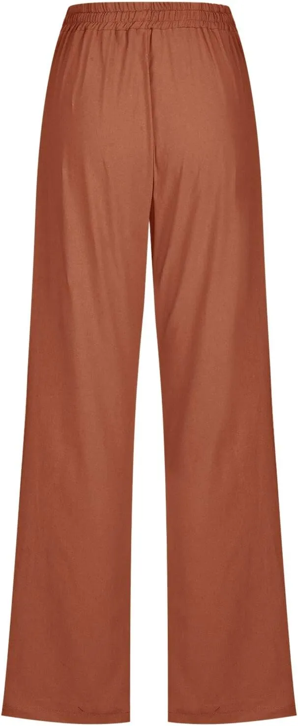 Womens Casual Cotton Linen Pants Lightweight Summer Relax Fit Elastic Waist Plus Size Solid Lounge Long Trousers