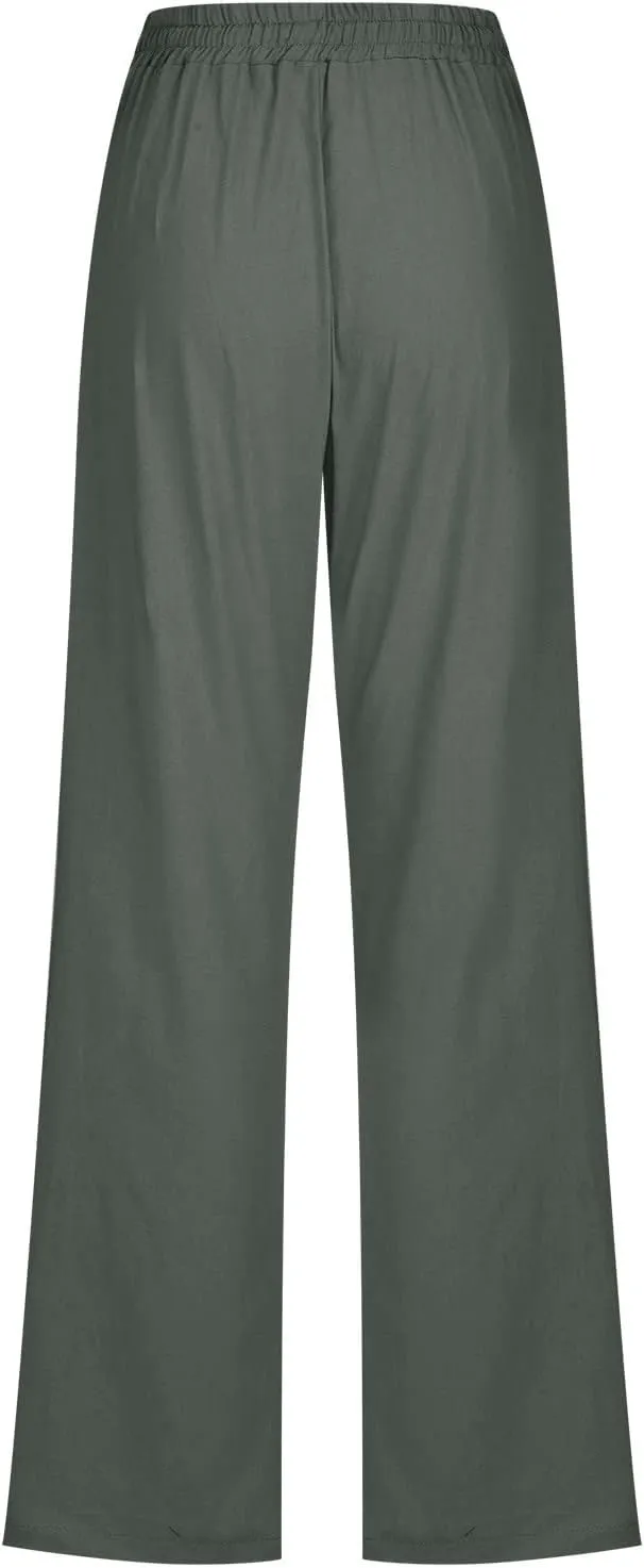 Womens Casual Cotton Linen Pants Lightweight Summer Relax Fit Elastic Waist Plus Size Solid Lounge Long Trousers