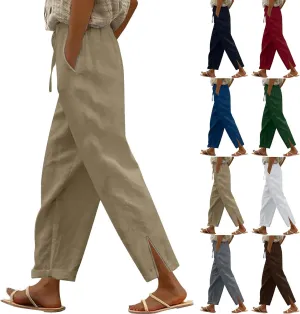 Womens Casual Cotton Linen Pants Lightweight Summer Relax Fit Elastic Waist Plus Size Solid Lounge Long Trousers