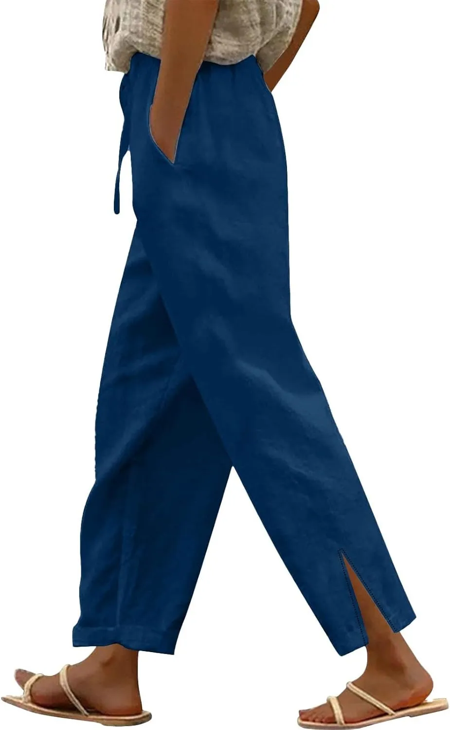 Womens Casual Cotton Linen Pants Lightweight Summer Relax Fit Elastic Waist Plus Size Solid Lounge Long Trousers