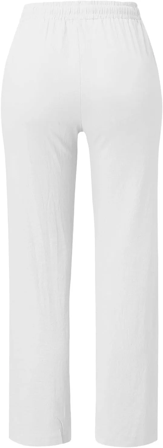 Womens Casual Cotton Linen Pants Lightweight Summer Relax Fit Elastic Waist Plus Size Solid Lounge Long Trousers