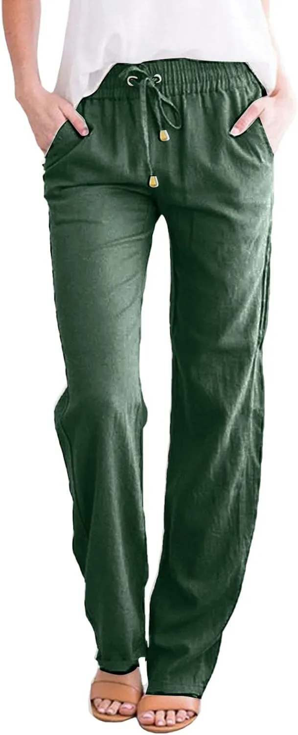Women's Casual Cotton Linen Pants Summer Relax Fit Elastic Waist Straight Leg Comfy Solid Color Lounge Long Trouser
