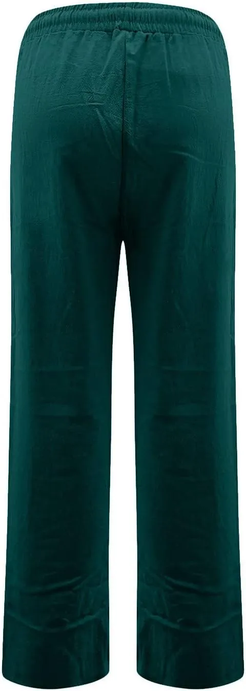 Women's Casual Cotton Linen Pants Summer Relax Fit Elastic Waist Straight Leg Comfy Solid Color Lounge Long Trouser