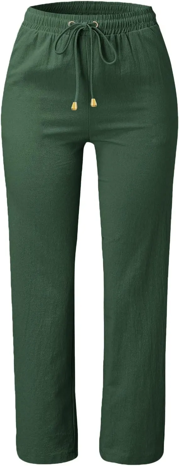 Women's Casual Cotton Linen Pants Summer Relax Fit Elastic Waist Straight Leg Comfy Solid Color Lounge Long Trouser