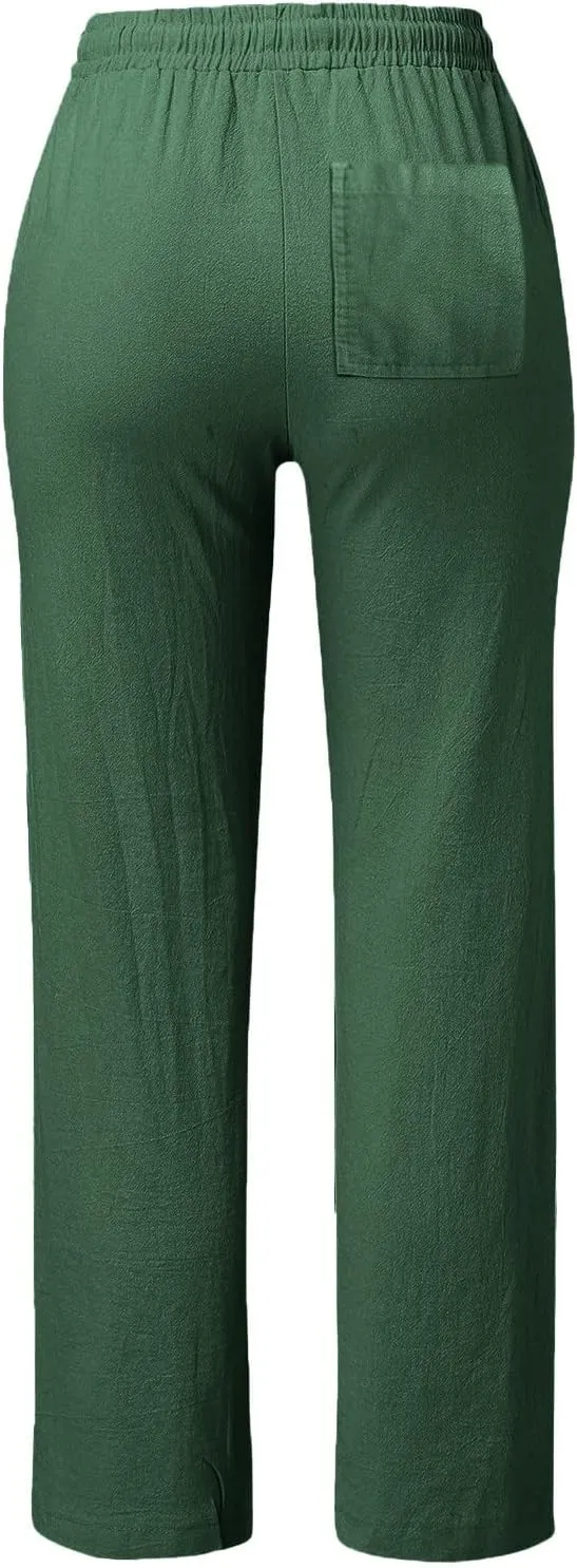 Women's Casual Cotton Linen Pants Summer Relax Fit Elastic Waist Straight Leg Comfy Solid Color Lounge Long Trouser