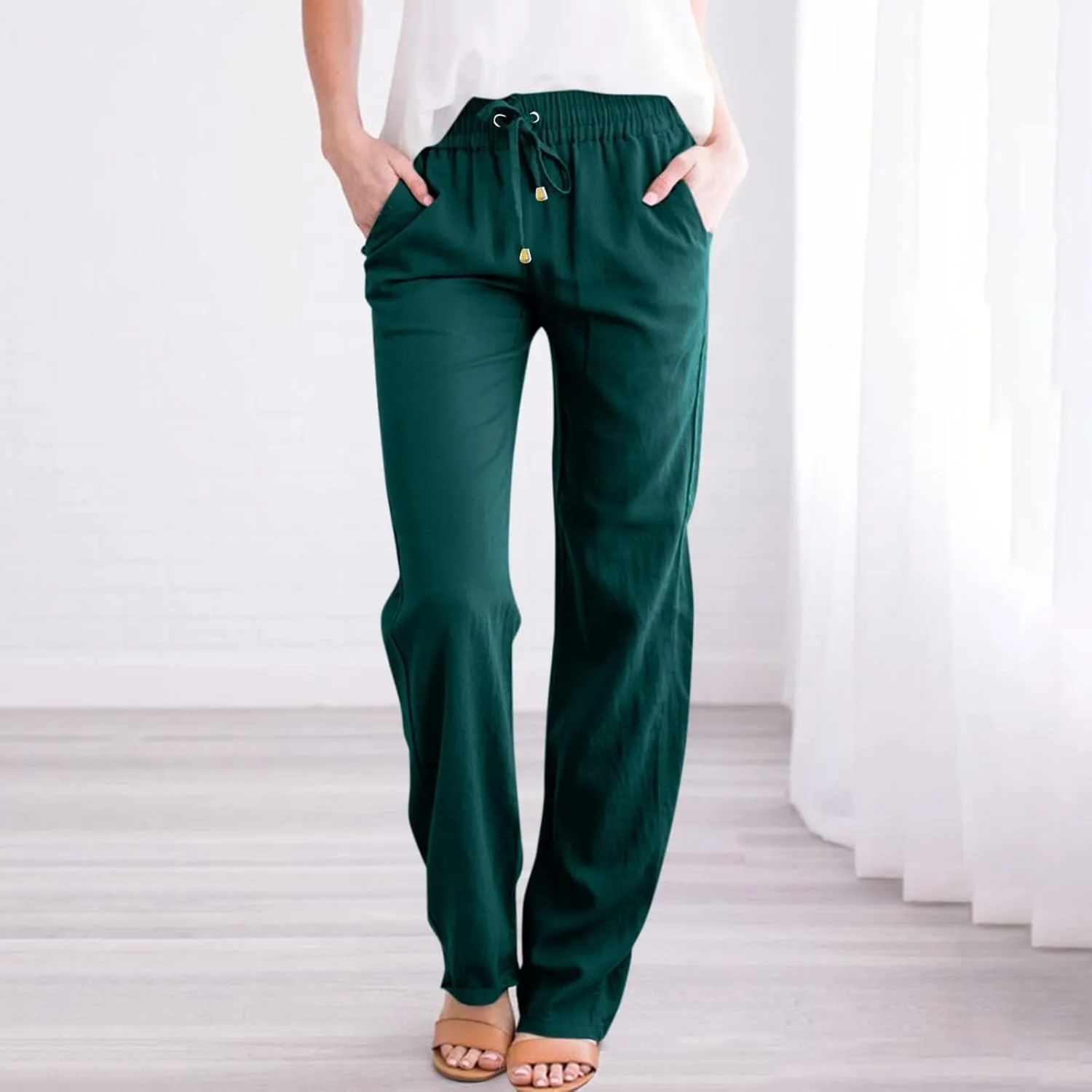 Women's Casual Cotton Linen Pants Summer Relax Fit Elastic Waist Straight Leg Comfy Solid Color Lounge Long Trouser