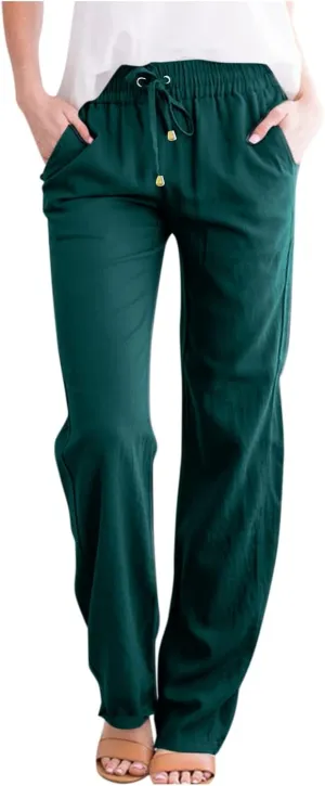 Women's Casual Cotton Linen Pants Summer Relax Fit Elastic Waist Straight Leg Comfy Solid Color Lounge Long Trouser