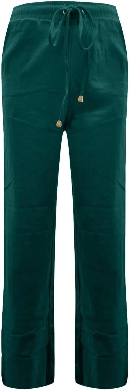Women's Casual Cotton Linen Pants Summer Relax Fit Elastic Waist Straight Leg Comfy Solid Color Lounge Long Trouser