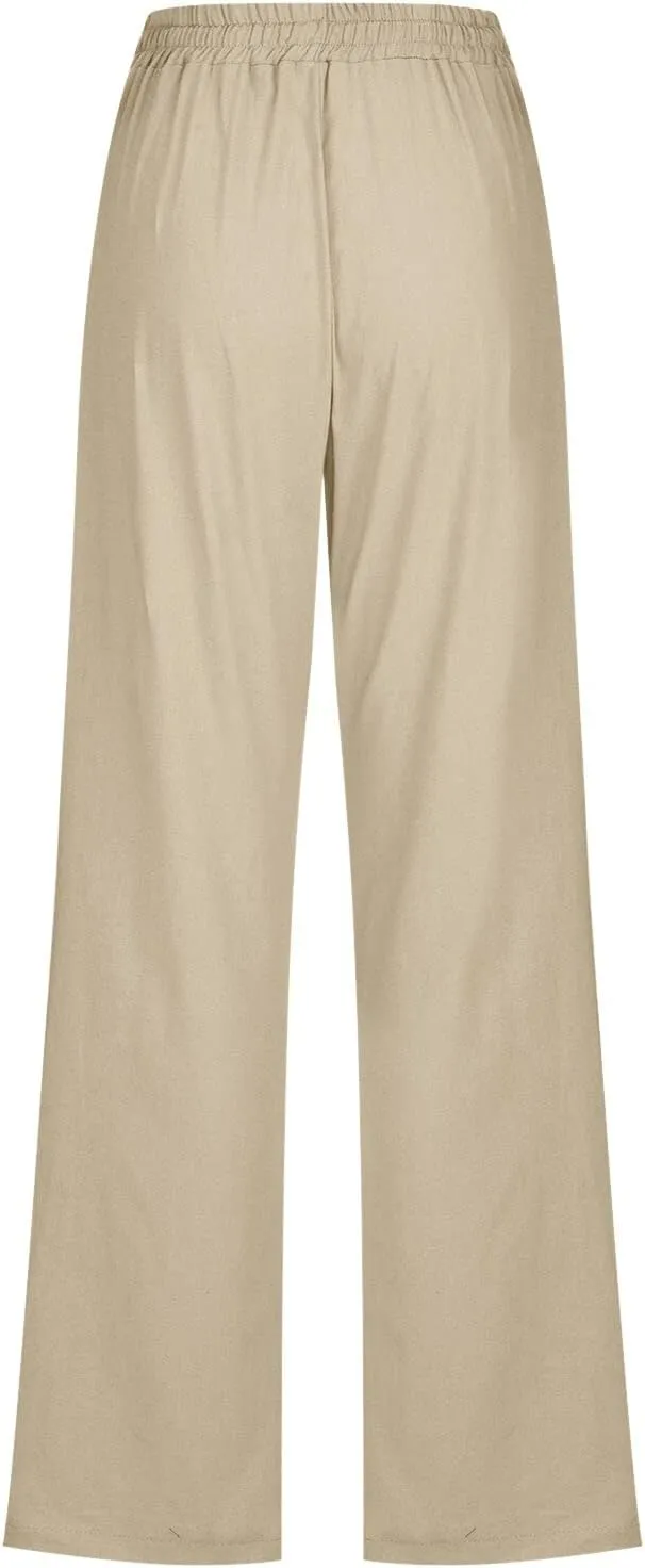 Women's Casual Cotton Linen Pants Summer Relax Fit Elastic Waist Straight Leg Comfy Solid Color Lounge Long Trouser