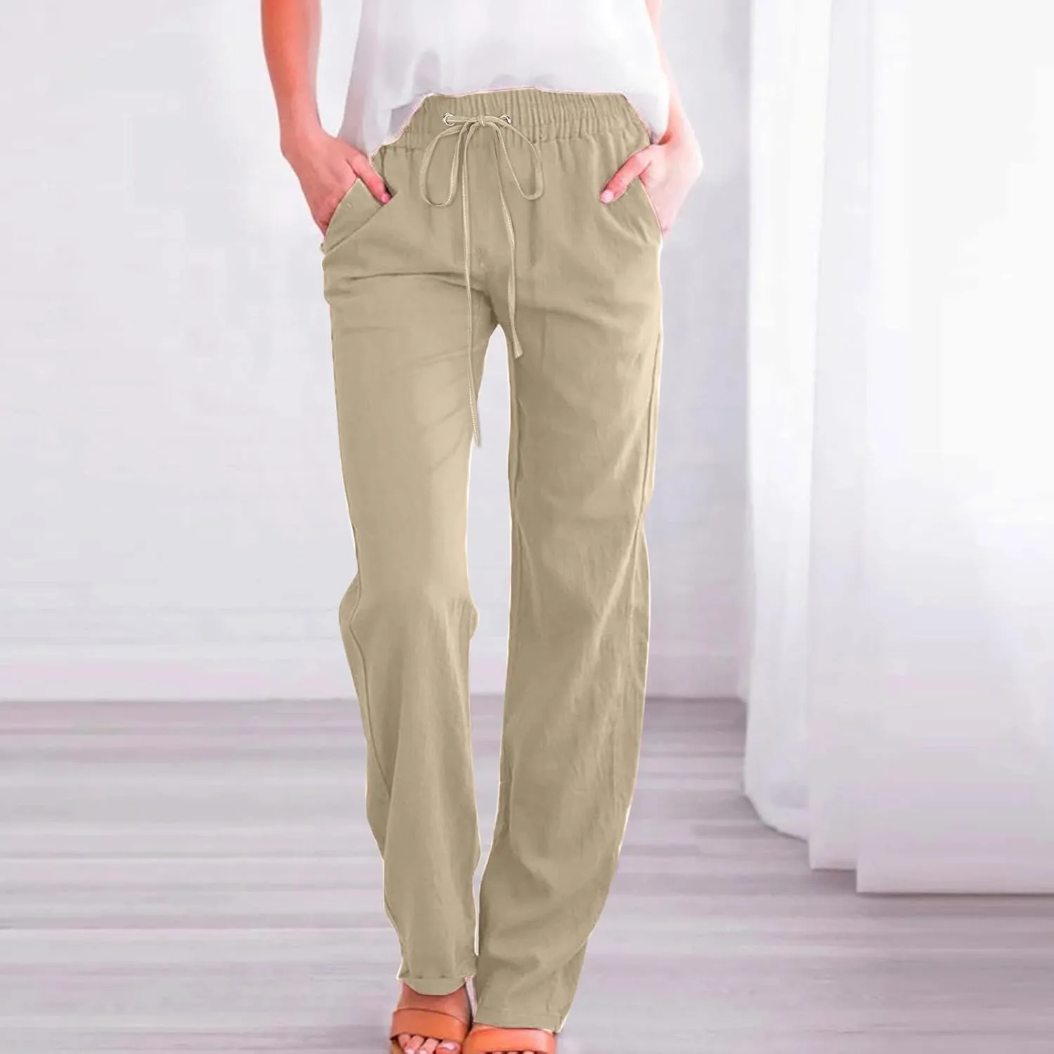 Women's Casual Cotton Linen Pants Summer Relax Fit Elastic Waist Straight Leg Comfy Solid Color Lounge Long Trouser