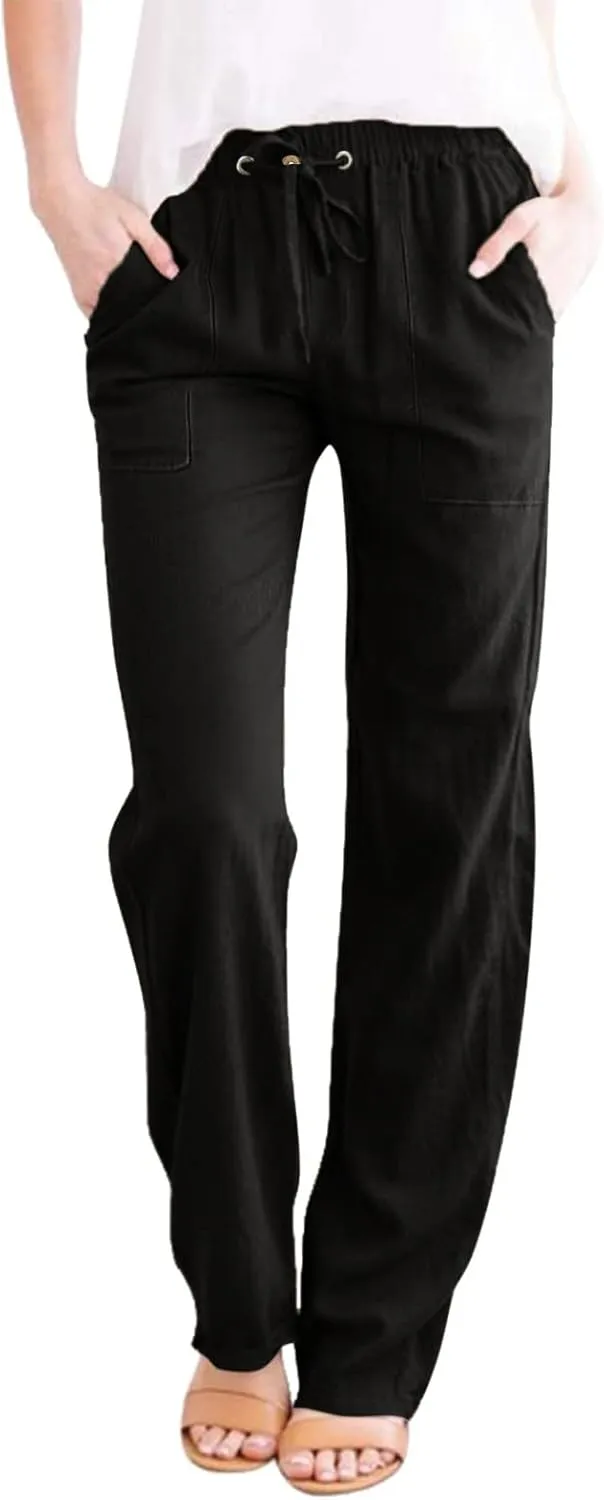 Women's Casual Linen Pants Lightweight Summer Relax Fit Elastic Waist Plus Size Pants Loose Trousers with Pockets