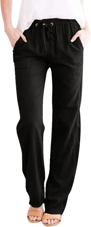 Women's Casual Linen Pants Lightweight Summer Relax Fit Elastic Waist Plus Size Pants Loose Trousers with Pockets