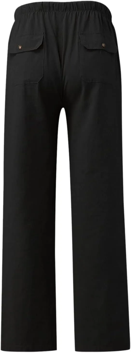 Women's Casual Linen Pants Lightweight Summer Relax Fit Elastic Waist Plus Size Pants Loose Trousers with Pockets
