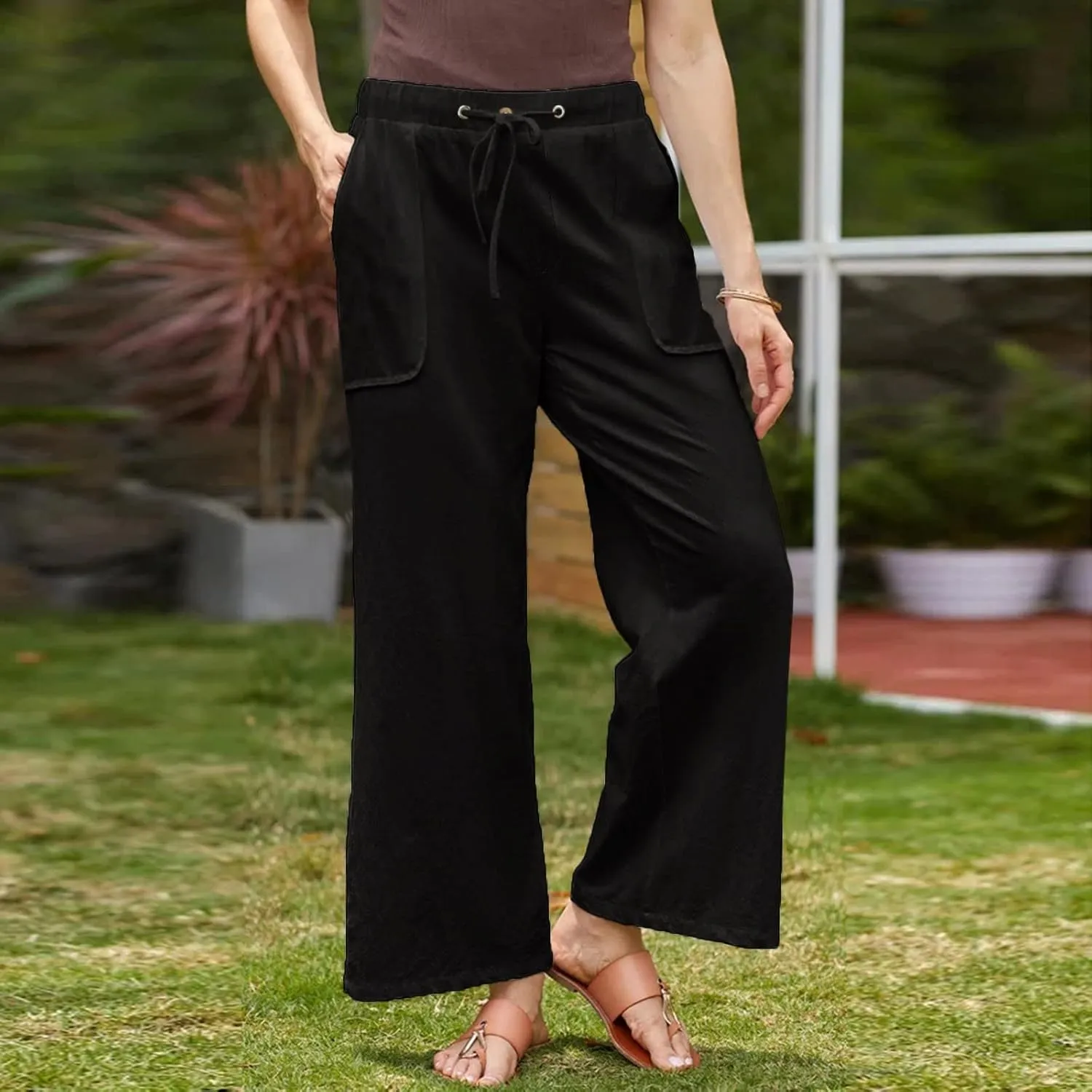 Women's Casual Linen Pants Lightweight Summer Relax Fit Elastic Waist Plus Size Pants Loose Trousers with Pockets