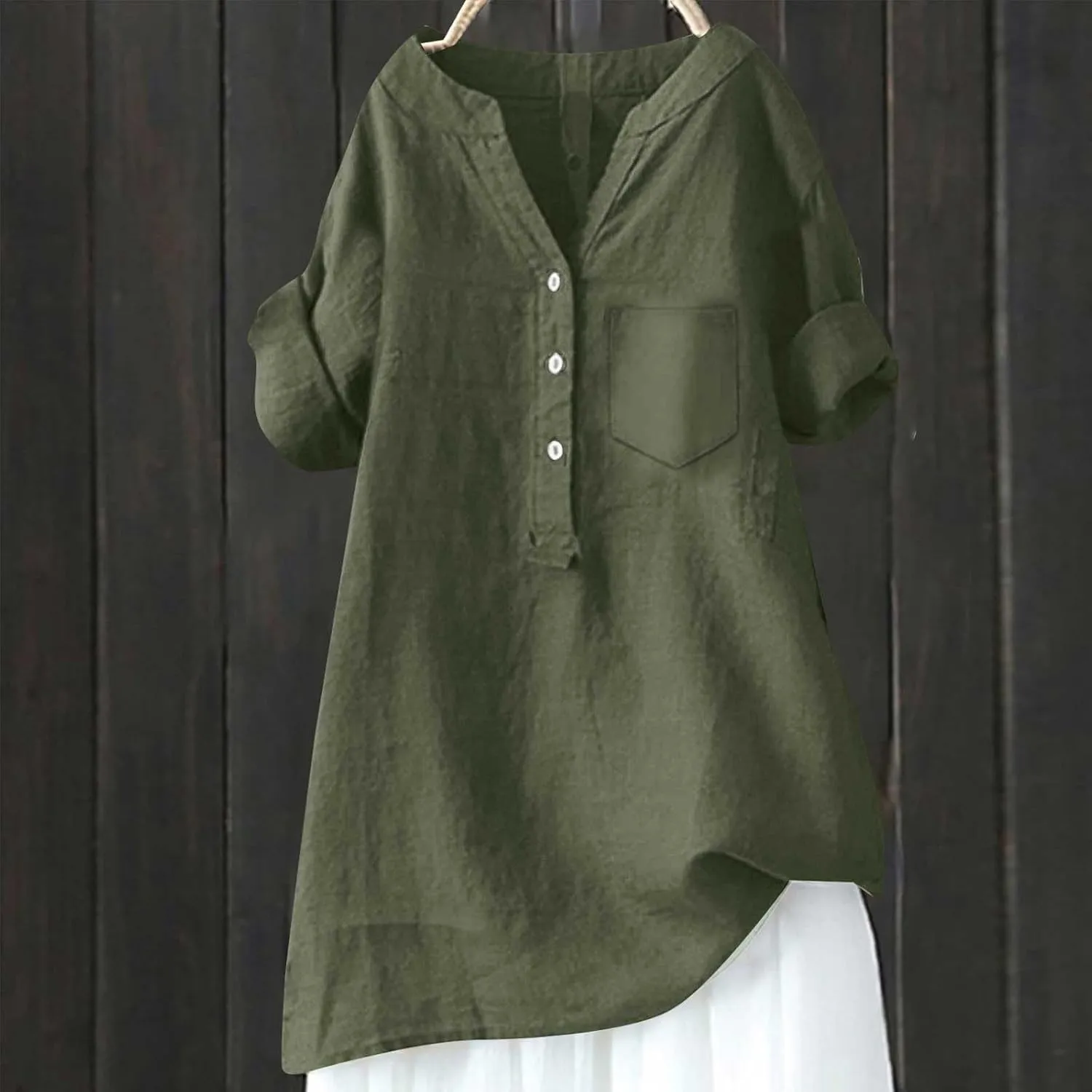 Womens Collared Button Down Shirts Solid Long Sleeve Linen Summer Casual Dress Blouse Top Loose Fit Tee Tops