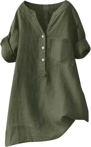 Womens Collared Button Down Shirts Solid Long Sleeve Linen Summer Casual Dress Blouse Top Loose Fit Tee Tops