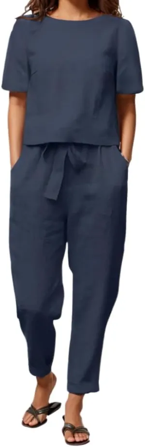 Womens Comfy Cotton Linen 2 Piece Outfits Short Sleeve Top Elastic Waist Wide Leg Pants Loose Lounge Sets with Pockets