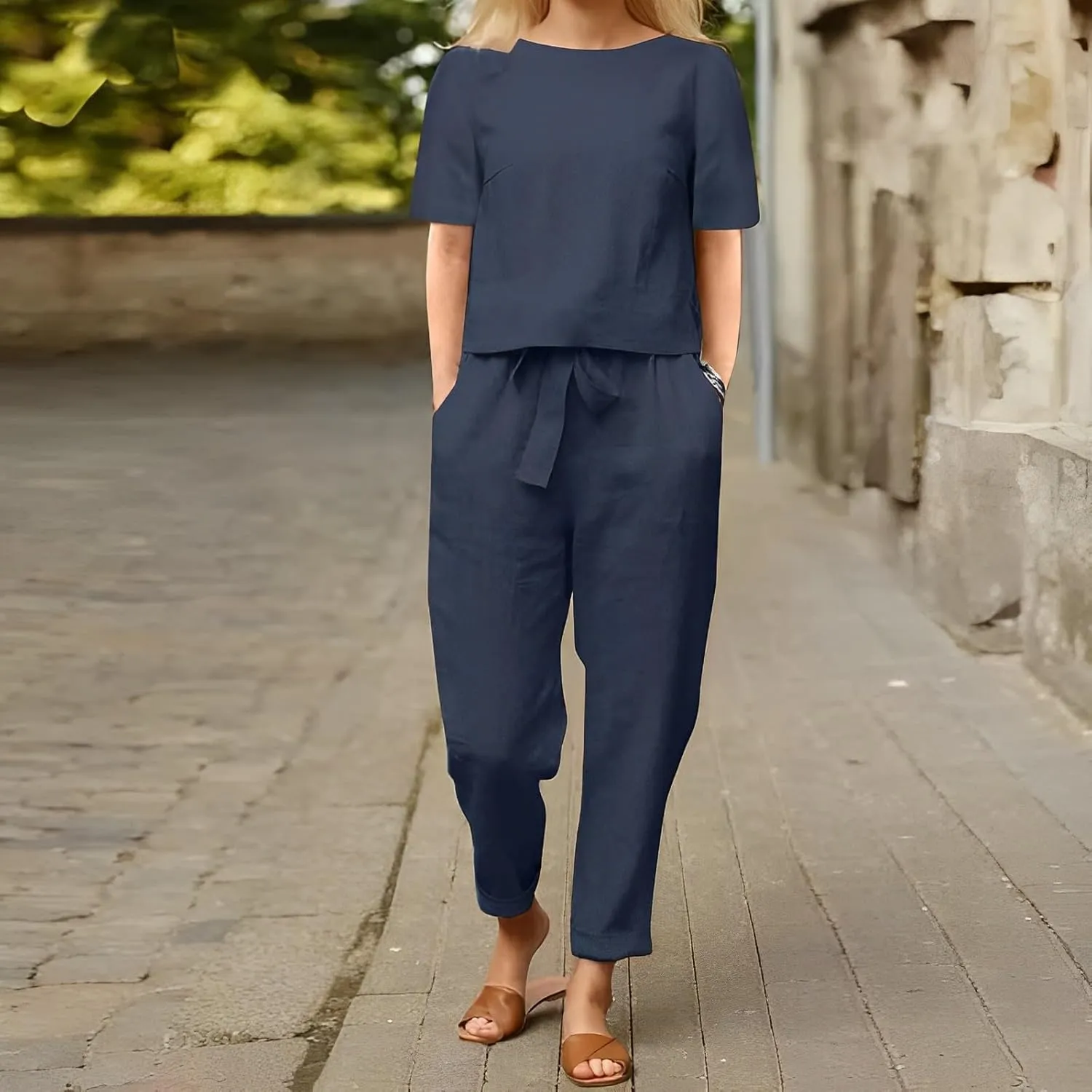 Womens Comfy Cotton Linen 2 Piece Outfits Short Sleeve Top Elastic Waist Wide Leg Pants Loose Lounge Sets with Pockets