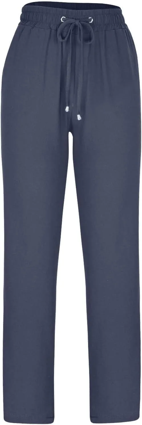 Women's Cotton and Linen Drawstring Trousers Casual High-Waisted Straight Leg Lounge Long Pants Relax Comfy Pant