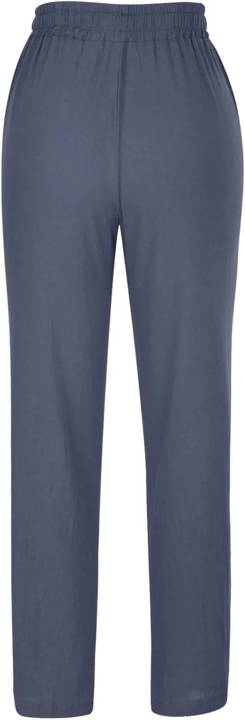 Women's Cotton and Linen Drawstring Trousers Casual High-Waisted Straight Leg Lounge Long Pants Relax Comfy Pant