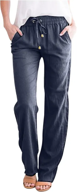 Women's Cotton and Linen Drawstring Trousers Casual High-Waisted Straight Leg Lounge Long Pants Relax Comfy Pant