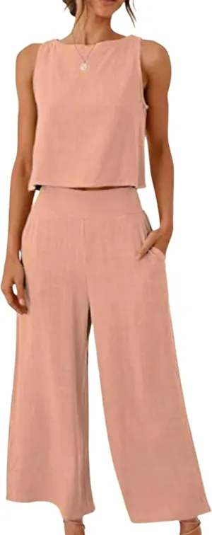 Womens Cotton Linen 2 Piece Outfits Crop Tank Tops Wide Leg Pants Set Casual Lounge Sets