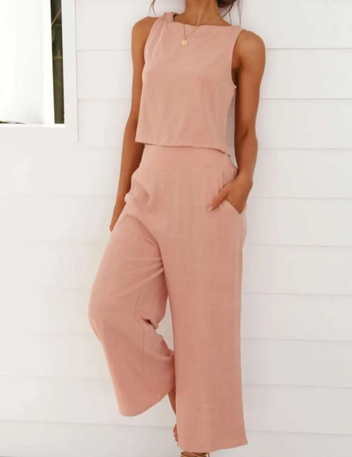 Womens Cotton Linen 2 Piece Outfits Crop Tank Tops Wide Leg Pants Set Casual Lounge Sets