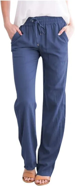 Women's Cotton Linen Pants 2025 Summer Elastic Waist Straight Leg Relax Comfy Solid Color Casual Lounge Long Trouser