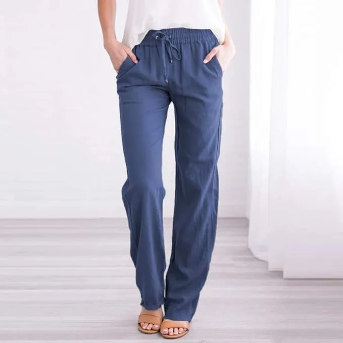 Women's Cotton Linen Pants 2025 Summer Elastic Waist Straight Leg Relax Comfy Solid Color Casual Lounge Long Trouser
