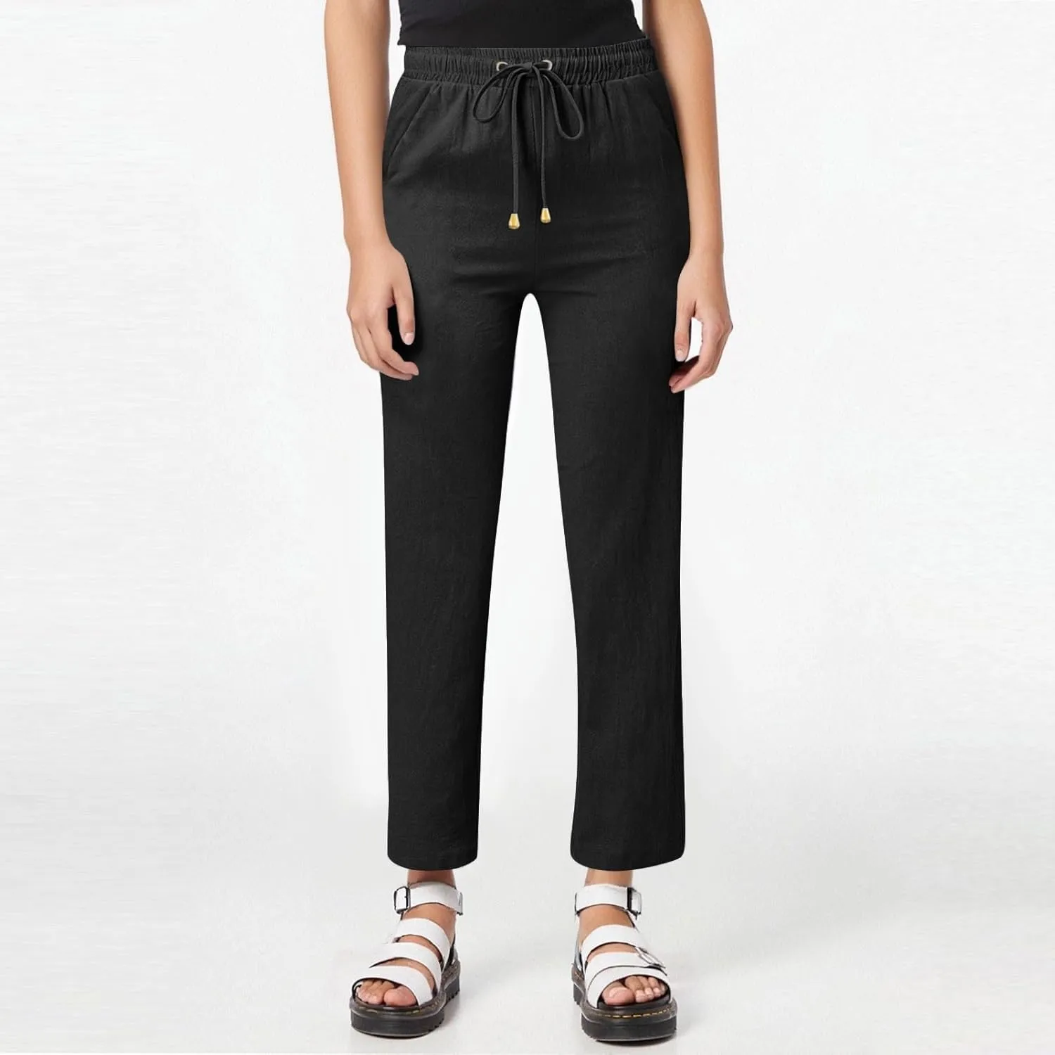 Womens Cotton Linen Pants Lightweight Summer Casual Relax Fit Elastic Waist Plus Size Solid Lounge Long Trousers