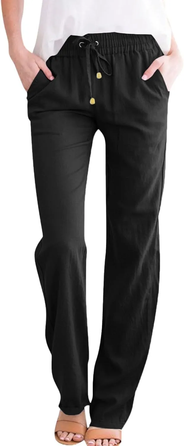 Womens Cotton Linen Pants Lightweight Summer Casual Relax Fit Elastic Waist Plus Size Solid Lounge Long Trousers