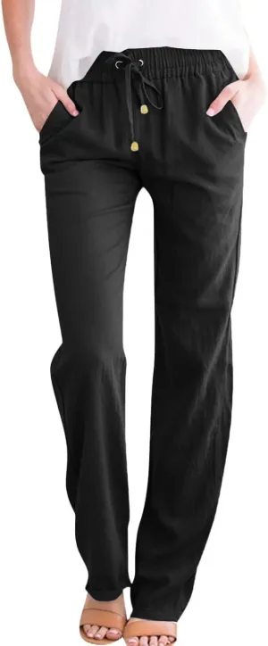 Womens Cotton Linen Pants Lightweight Summer Casual Relax Fit Elastic Waist Plus Size Solid Lounge Long Trousers