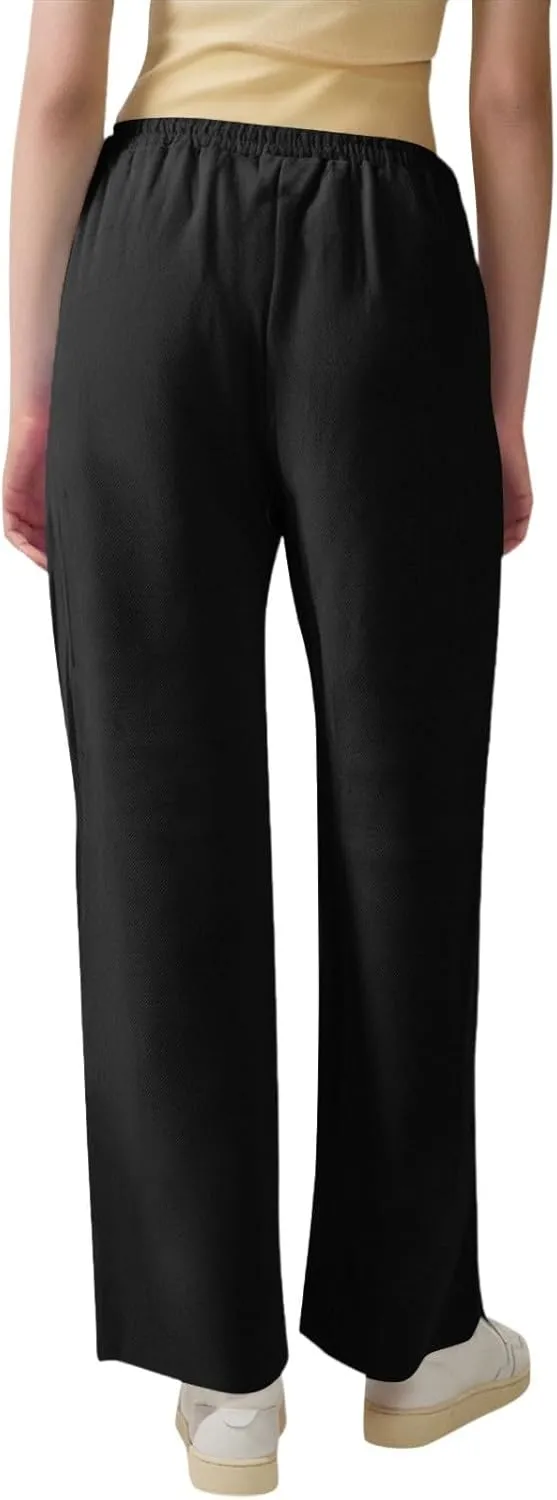 Womens Cotton Linen Pants Lightweight Summer Casual Relax Fit Elastic Waist Plus Size Solid Lounge Long Trousers