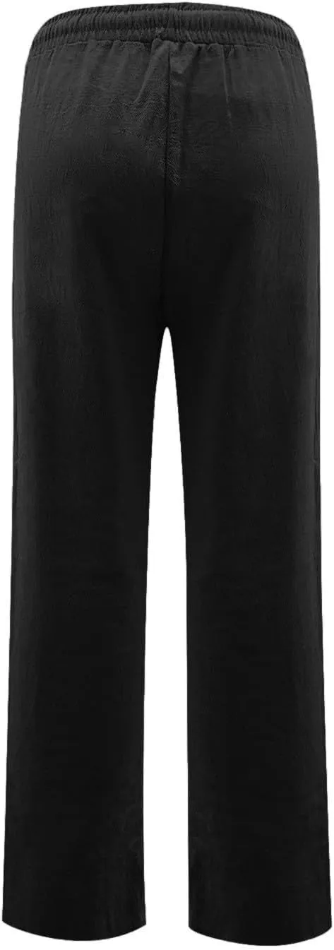 Womens Cotton Linen Pants Lightweight Summer Casual Relax Fit Elastic Waist Plus Size Solid Lounge Long Trousers