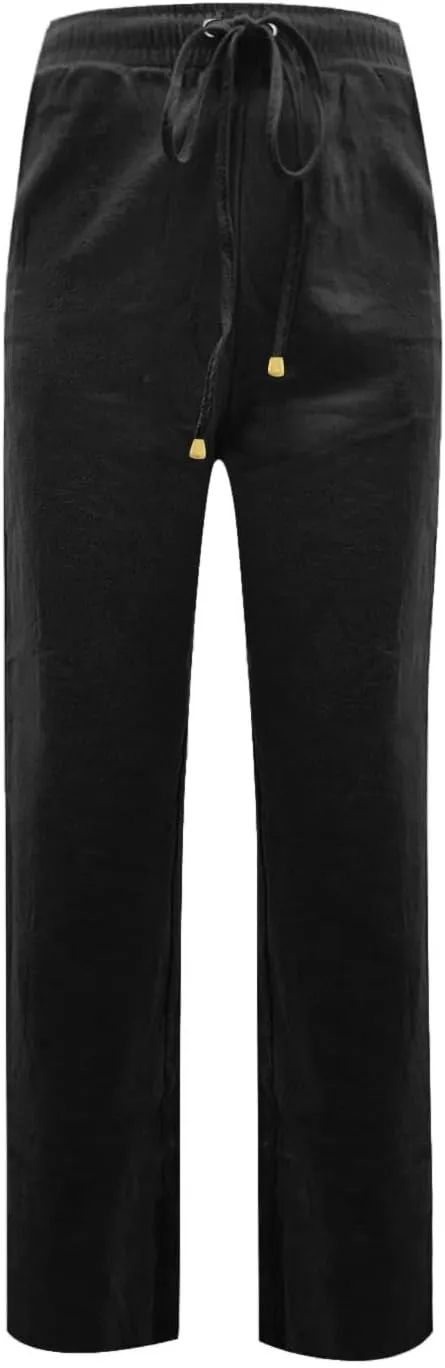 Womens Cotton Linen Pants Lightweight Summer Casual Relax Fit Elastic Waist Plus Size Solid Lounge Long Trousers