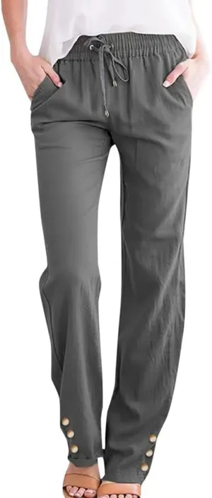 Women's Fashion 2024 Cotton Linen Sweatpants Winter Relax Fit Elastic Waist Straight Leg Solid Lounge Long Trousers