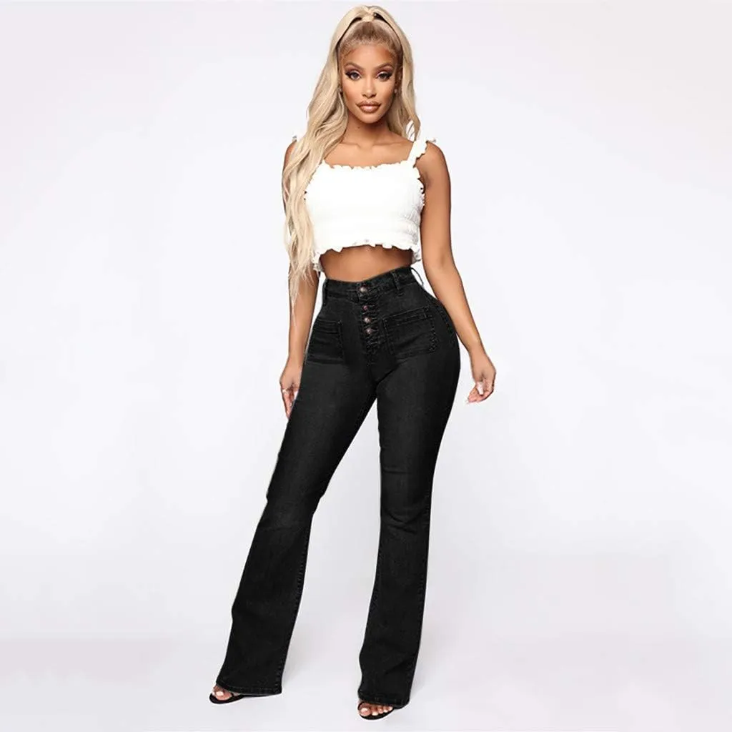 Women's Flare Bell Bottom High Waist Jeans Vintage Stretch Bootcut Denim Trouser with Pockets