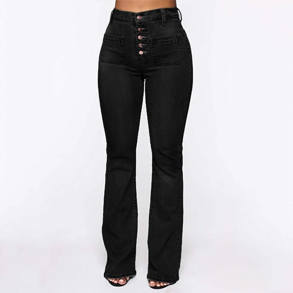 Women's Flare Bell Bottom High Waist Jeans Vintage Stretch Bootcut Denim Trouser with Pockets
