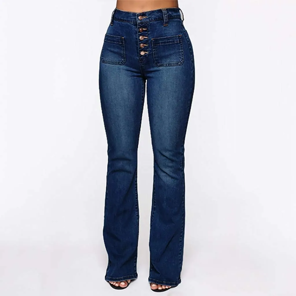 Women's Flare Bell Bottom High Waist Jeans Vintage Stretch Bootcut Denim Trouser with Pockets