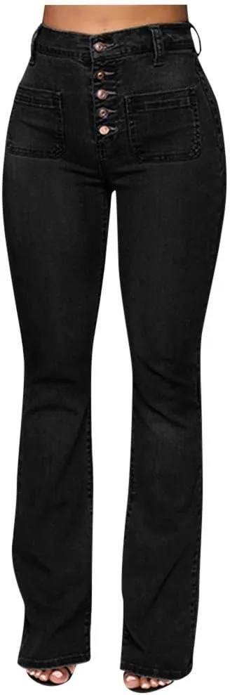 Women's Flare Bell Bottom High Waist Jeans Vintage Stretch Bootcut Denim Trouser with Pockets