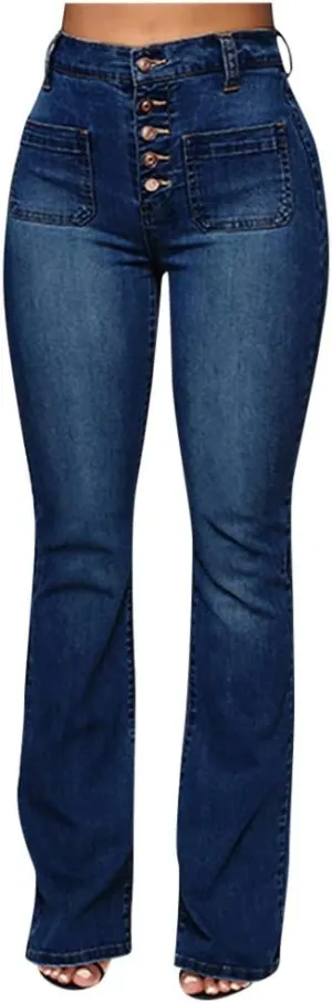 Women's Flare Bell Bottom High Waist Jeans Vintage Stretch Bootcut Denim Trouser with Pockets